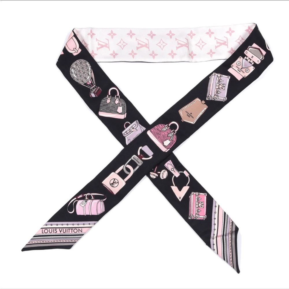 Louis Vuitton Black & Pink Silk Narrow Scarf with Monogram Motifs
